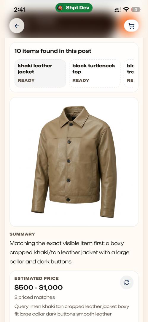 Shopant product match result for a khaki leather jacket.