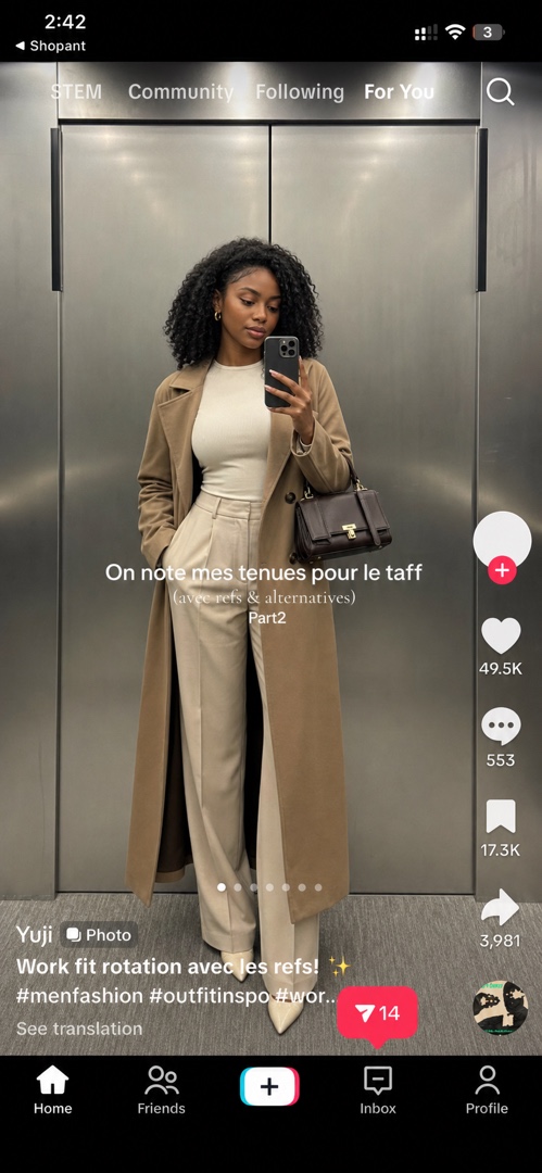 A TikTok fashion post featuring a khaki jacket outfit.