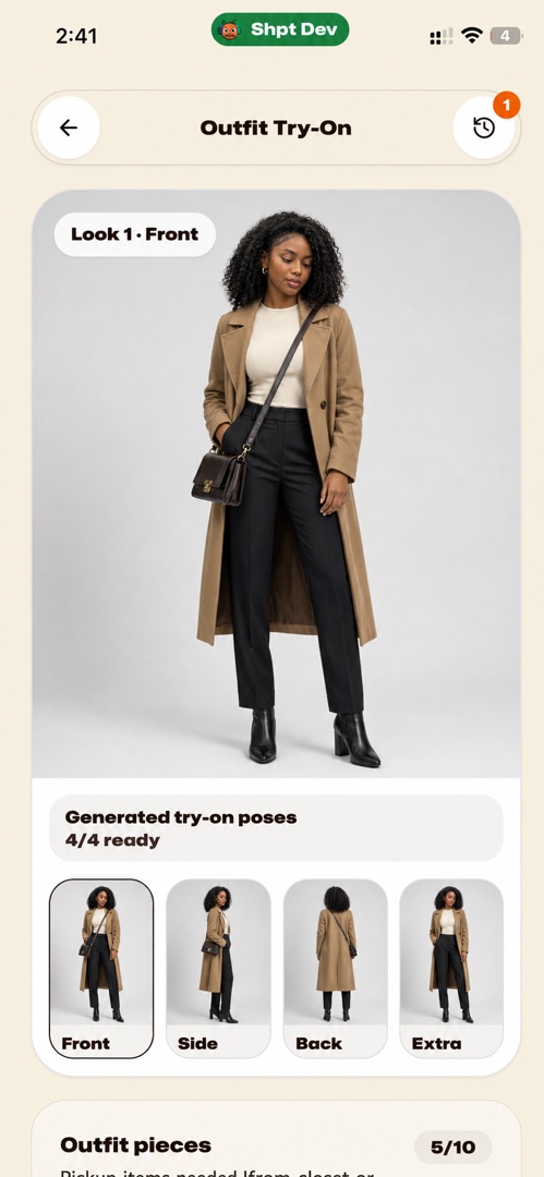 Shopant virtual try-on showing the selected look on an avatar.